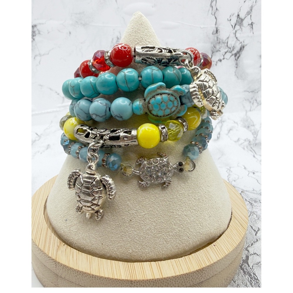 Lot of 5 Sea Turtle Stretch Bracelets Turquoise Beach Coastal Jewelry